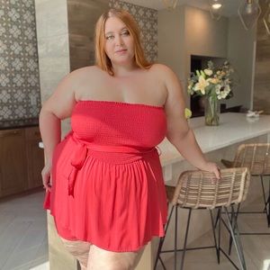 Curvy Sense- Coral Smocked Romper